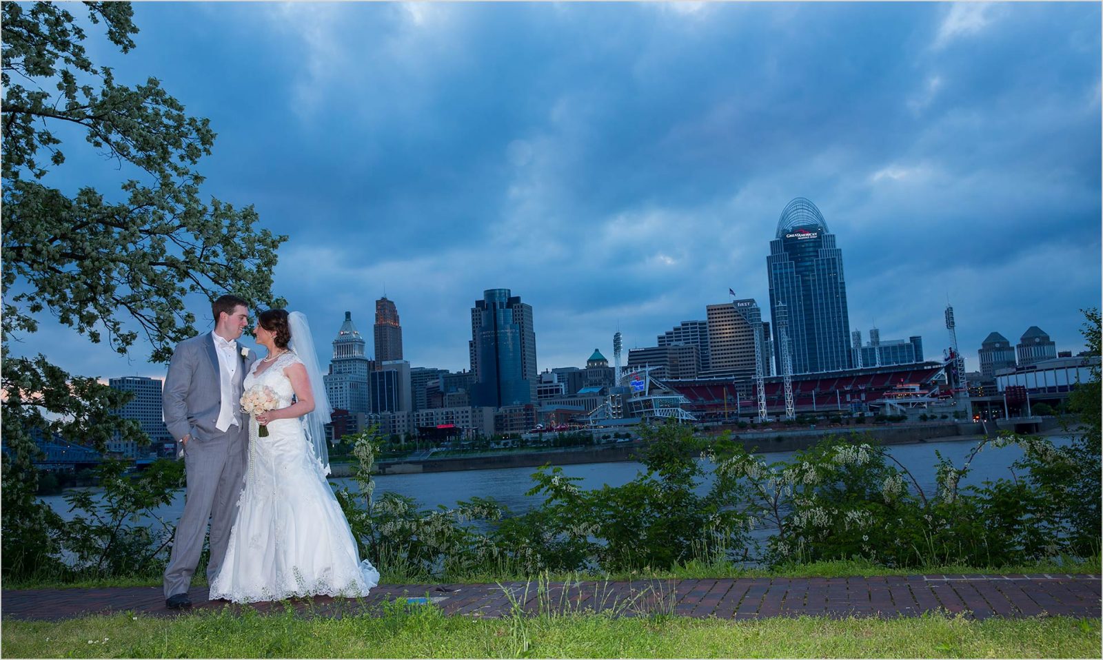 Cincinnati Skyline Wedding Bridge Groom Longworth Hall Reception