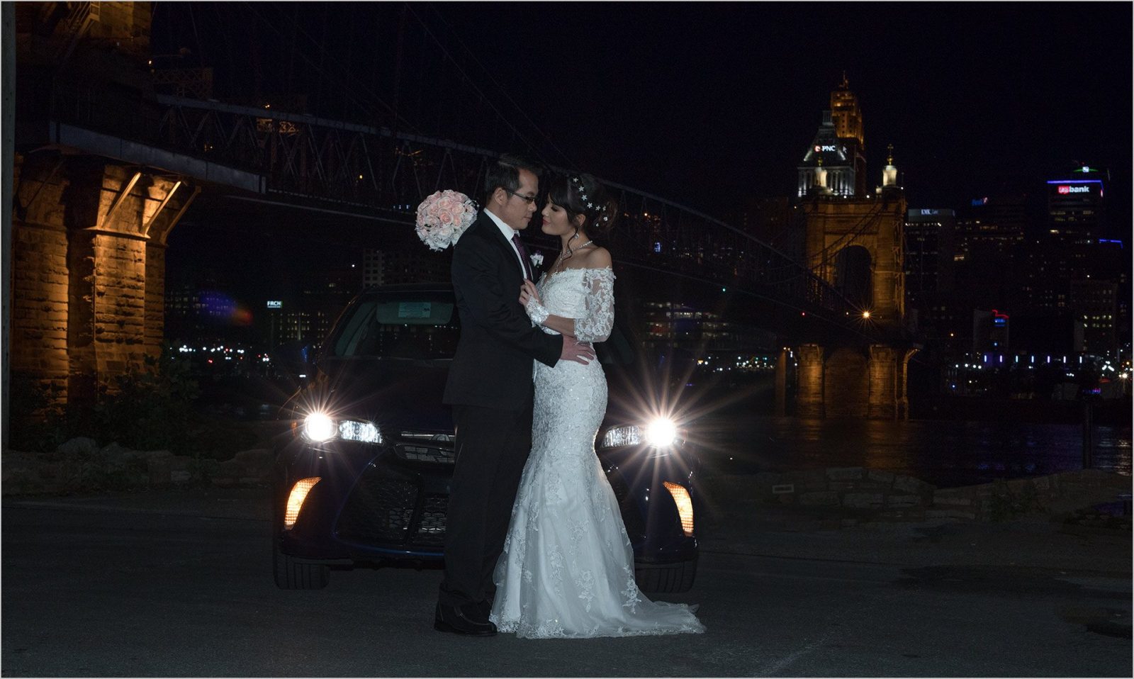 Roebling Bridge Cincinnati Car lights engagement picture