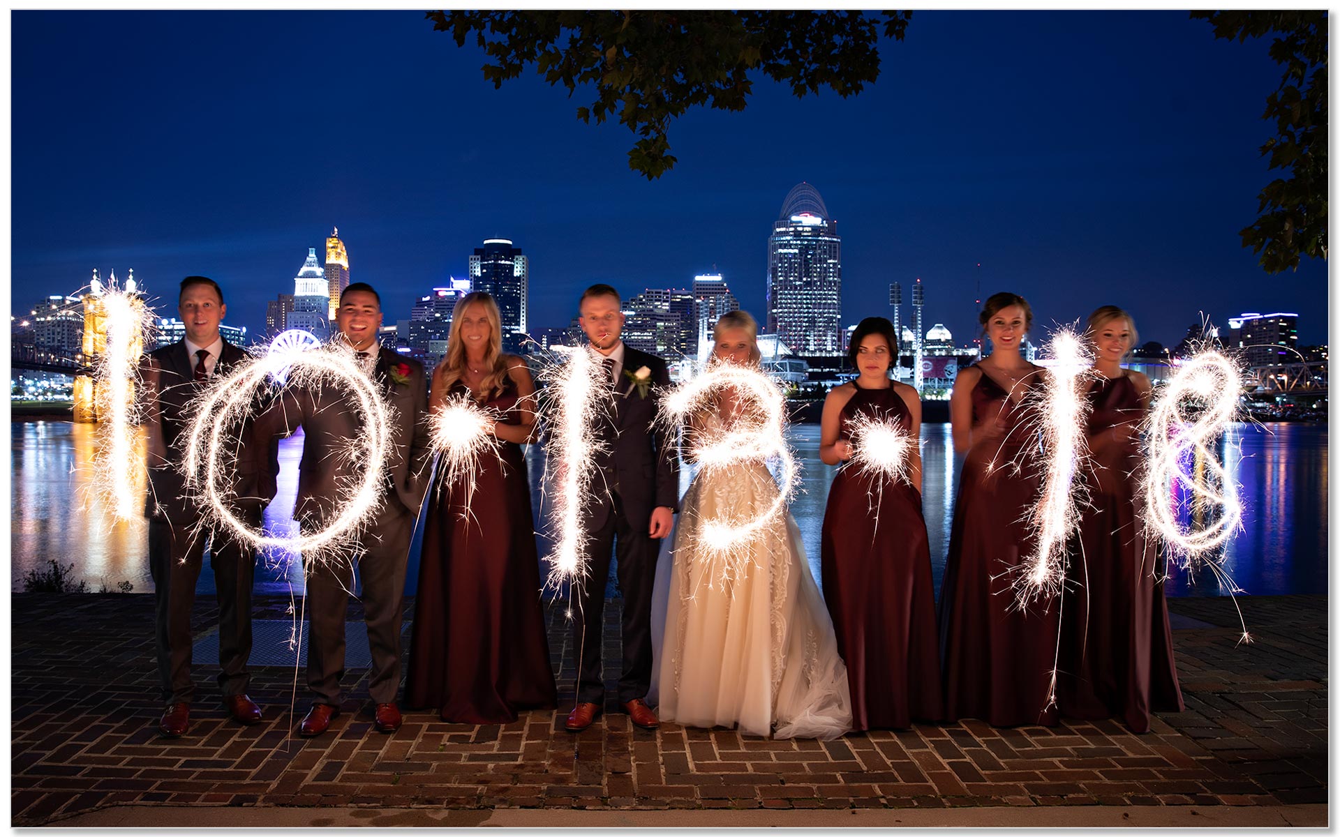 Cincinnati Mother of god wedding skyline sparklers